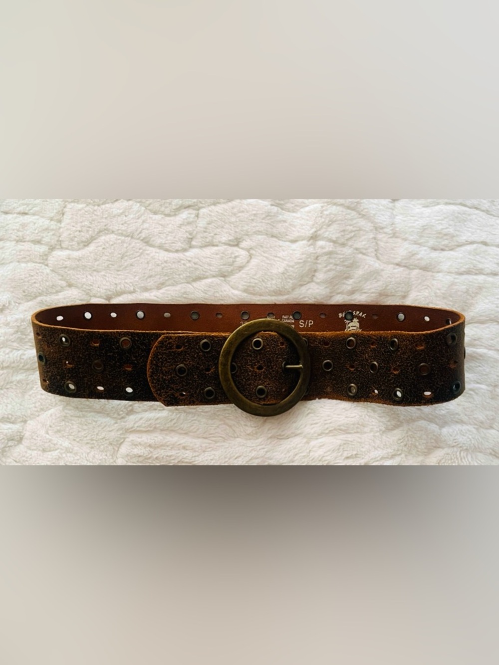 Beshar genuine leather distressed Boho brown belt with large brass grommets S